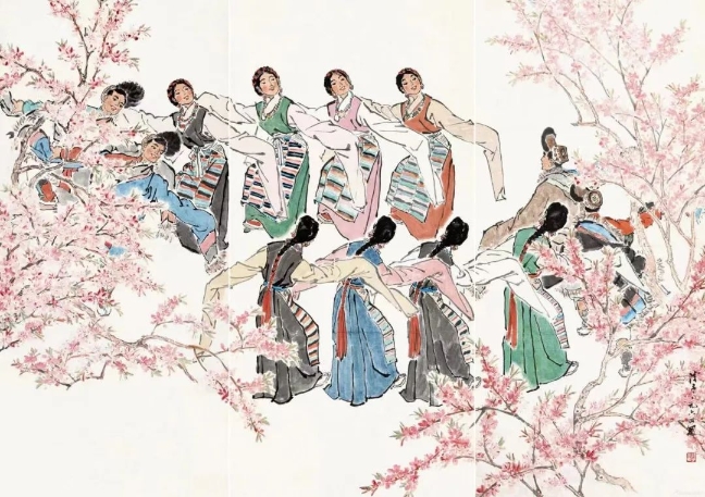 葉淺予高原之春紙本設(shè)色211cm×98cm、211cm×105cm、211cm×98cm1964年